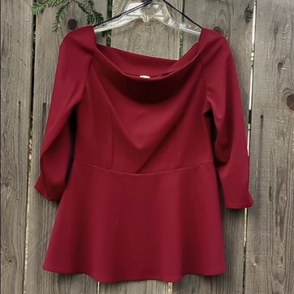 Peplum Off Shoulder Burgundy Blouse M Pullover 3/4 Sleeves Square Neck Casual